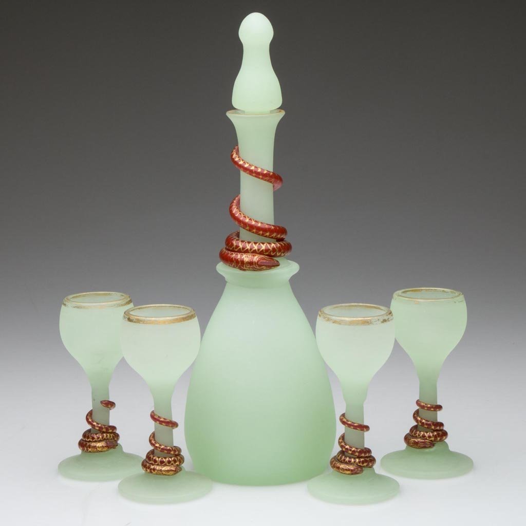 CONTINENTAL OPALINE SNAKE-DECORATED FIVE-PIECE CORDIAL: CONTINENTAL OPALINE SNAKE-DECORATED FIVE-PIECE CORDIAL SET, sea-foam green with satin finish and gilt decoration, comprising a decanter with stopper and five cordials, each with an applied opaque bloo