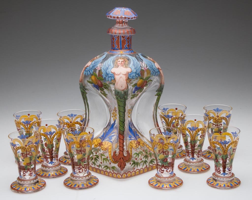 CONTINENTAL DECORATED ELEVEN-PIECE CORDIAL SET: CONTINENTAL DECORATED ELEVEN-PIECE CORDIAL SET, colorless with heavy polychrome-enamel decorations, comprising a square pinched-side decanter with original stopper and polished pontil mark, and ten gl