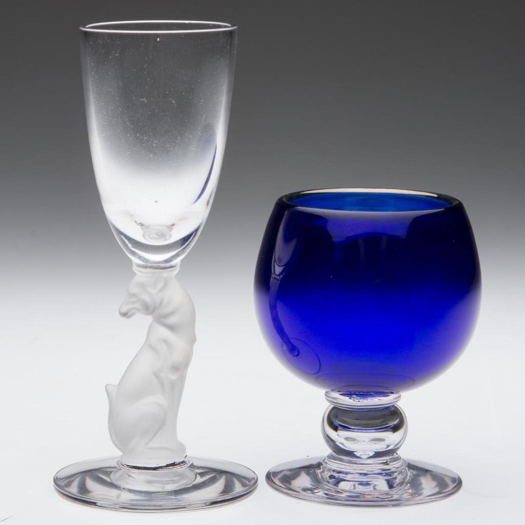 LIBBEY GLASS LIQUOR GLASSES, LOT OF TWO: LIBBEY GLASS LIQUOR GLASSES, LOT OF TWO, comprising a Silhouette cordial with frosted greyhound stem and a Blue Grotto footed glass with polished pontil mark and acid stamp. Second quarter 20th centur