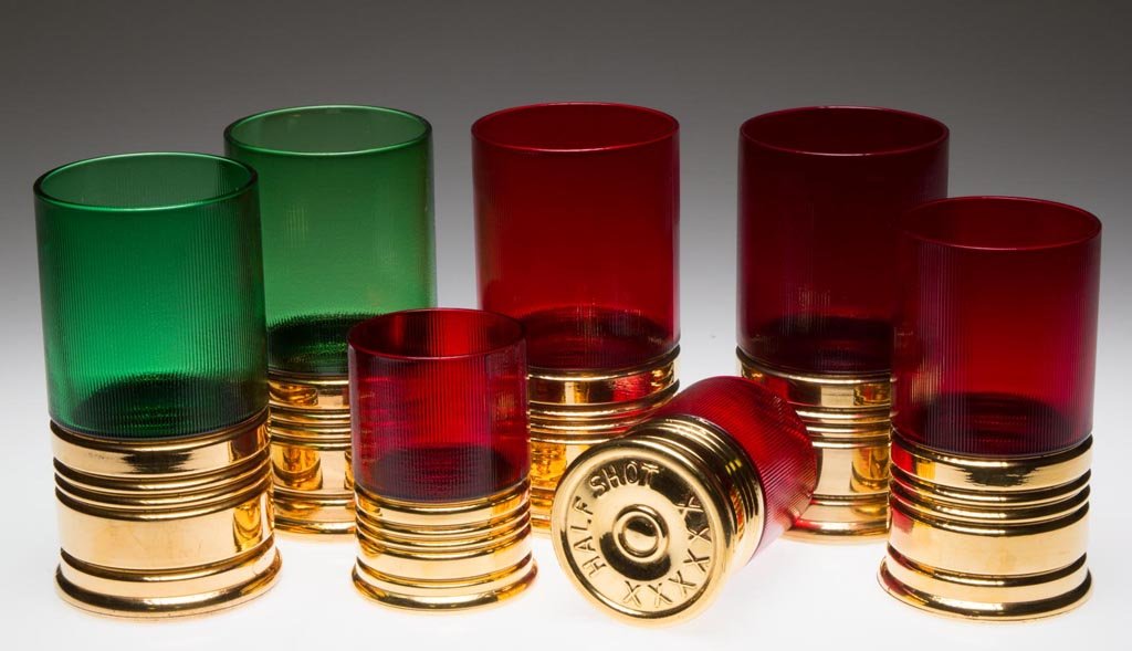 ASSORTED IMPERIAL NO. 711 / SHOT TUMBLERS, LOT OF SEVEN: ASSORTED IMPERIAL NO. 711 / SHOT TUMBLERS, LOT OF SEVEN, red and green with gilt decoration, comprising four Big Shots, two Half Shots, and a Sure Shot. Imperial Glass Co. 3 1/2" to 5 1/2" H. Provenan