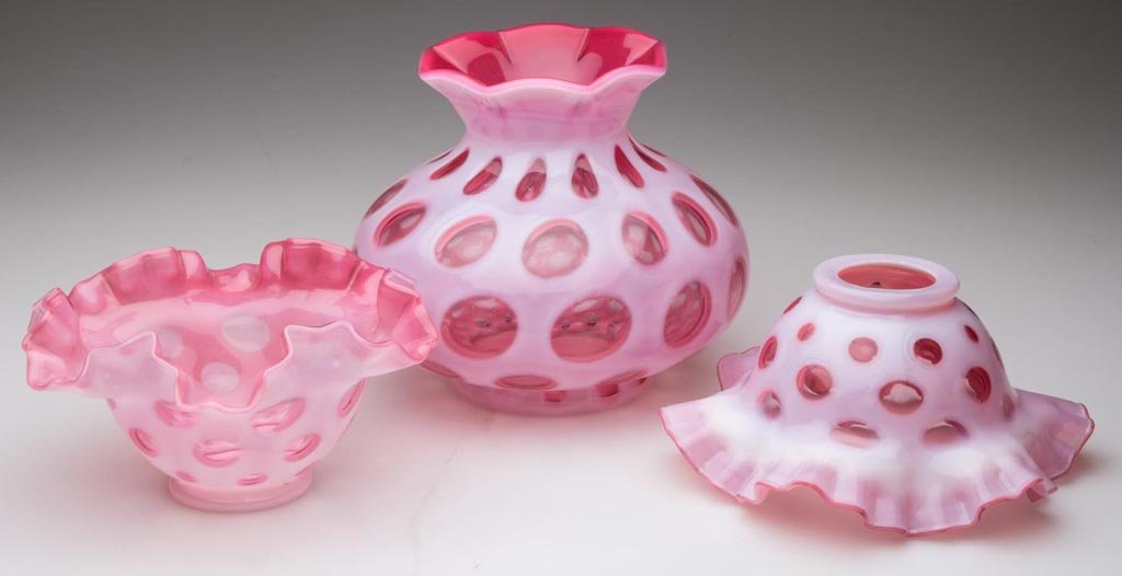 FENTON COIN DOT ARTICLES, LOT OF THREE: FENTON COIN DOT ARTICLES, LOT OF THREE, cranberry opalescent, comprising squat vase with crimped rim, a small bowl with ruffled rim, and a lamp shade fashioned from a small bowl. Fenton Art Glass Co. 