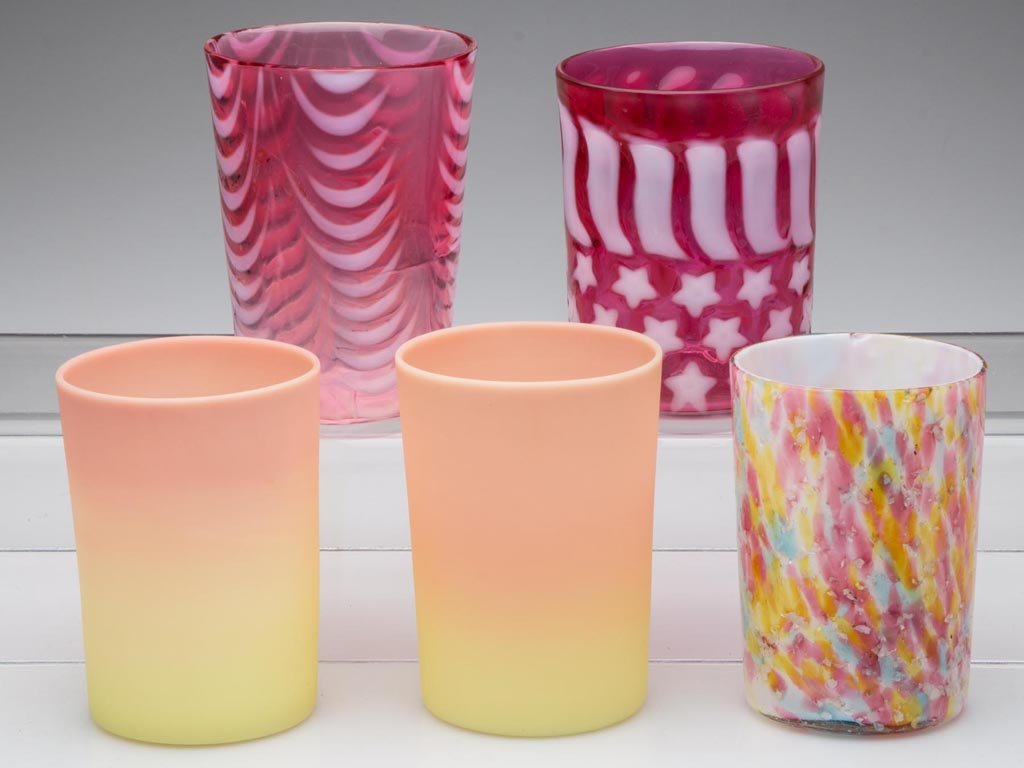 ASSORTED VICTORIAN TUMBLERS, LOT OF FIVE: ASSORTED VICTORIAN TUMBLERS, LOT OF FIVE, including two Mt. Washington Burmese with plush finish and polished pontil marks, and an L. G. Wright cranberry opalescent Stars and Stripes. 19th and 20th ce