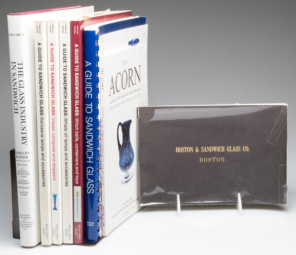 SANDWICH GLASS REFERENCE VOLUMES, LOT OF TEN: SANDWICH GLASS REFERENCE VOLUMES, LOT OF TEN, including Barlow/Kaiser, "The Glass Industry in Sandwich", Volume 5; and five different Barlow/Kaiser, "A Guide to Sandwich Glass". Hard and soft covers. 