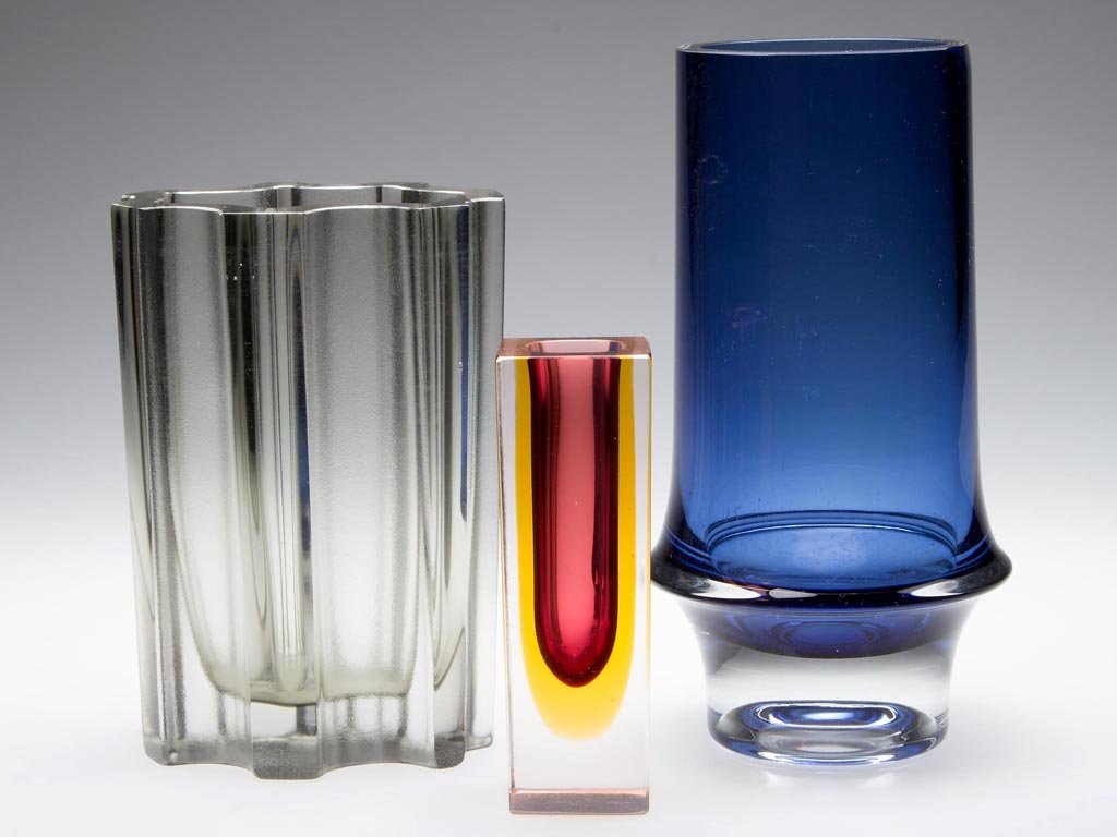 FINISH TAPIO WIRKKALA VASES, LOT OF TWO: FINISH TAPIO WIRKKALA VASES, LOT OF TWO, each signed, numbered 3581 and 3502. Together with an unsigned square sommerso vase. Three pieces total. Mid 20th century. 4 7/8" to 7 7/8" H.