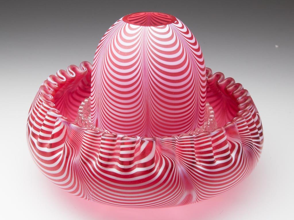 NAILSEA / VENETIAN THREAD FAIRY LAMP: NAILSEA / VENETIAN THREAD FAIRY LAMP, opal loops on ruby, satin finish, fairy-size dome fitted on a Clarke's Cricklite colorless lamp cup and circular, crimped-rim base with a polished pontil mark. Fo