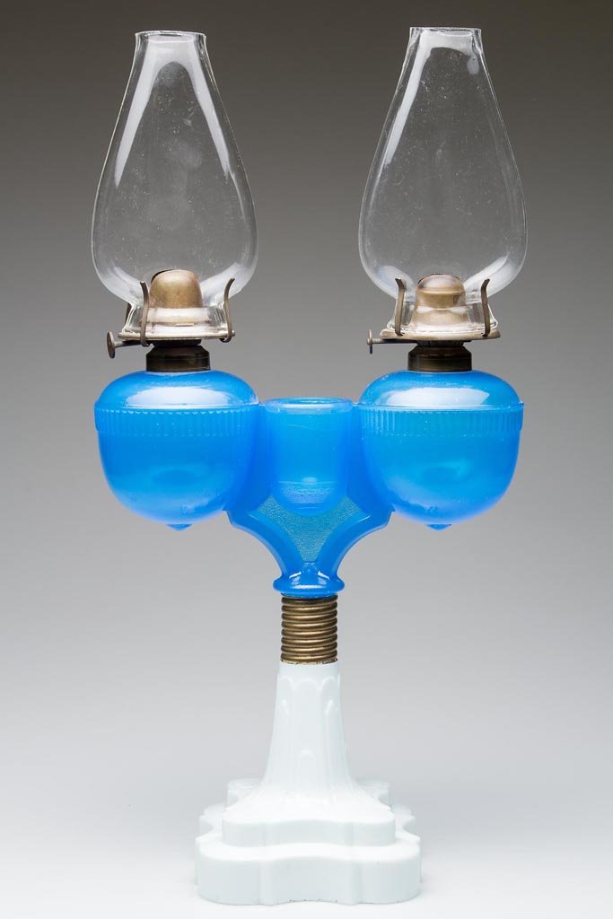 RIPLEY MARRIAGE / WEDDING STAND LAMP: RIPLEY MARRIAGE / WEDDING STAND LAMP, translucent starch blue fonts and match holder, opaque white Gem base, font supports embossed on one side "D. C. RIPLEY & CO" and other side "PAT. PENDING.", No.