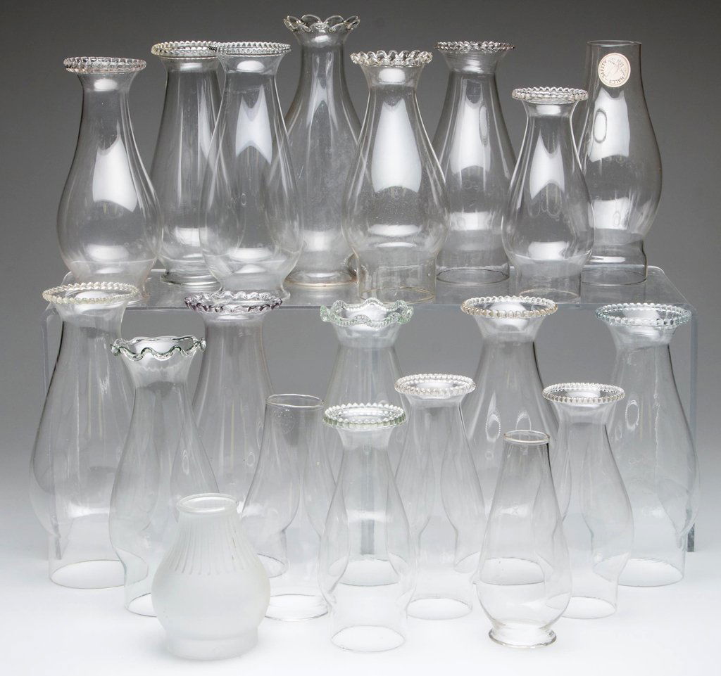 VARIOUS-SIZE LIP AND SLIP CHIMNEYS, LOT OF 20: VARIOUS-SIZE LIP AND SLIP CHIMNEYS, LOT OF 20, colorless, comprising 14 slip examples, including five No. 2, five No. 1, and four No. 0 examples; and six lip, including a No. 2 flattened example with