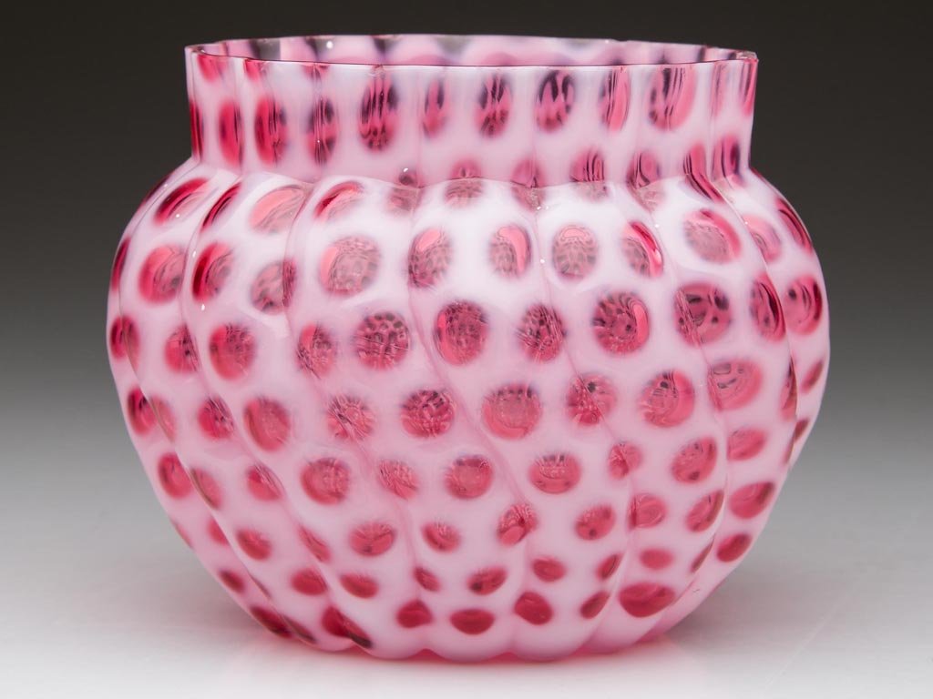 HOBBS NO. 326 / WINDOWS SWIRL SPOONER: HOBBS NO. 326 / WINDOWS SWIRL SPOONER, Ruby opalescent/cranberry opalescent, oval form. Hobbs, Brockunier & Co. Circa 1888. 3 1/2" H. Provenance: From the collection of Larry & Diana Nellans.