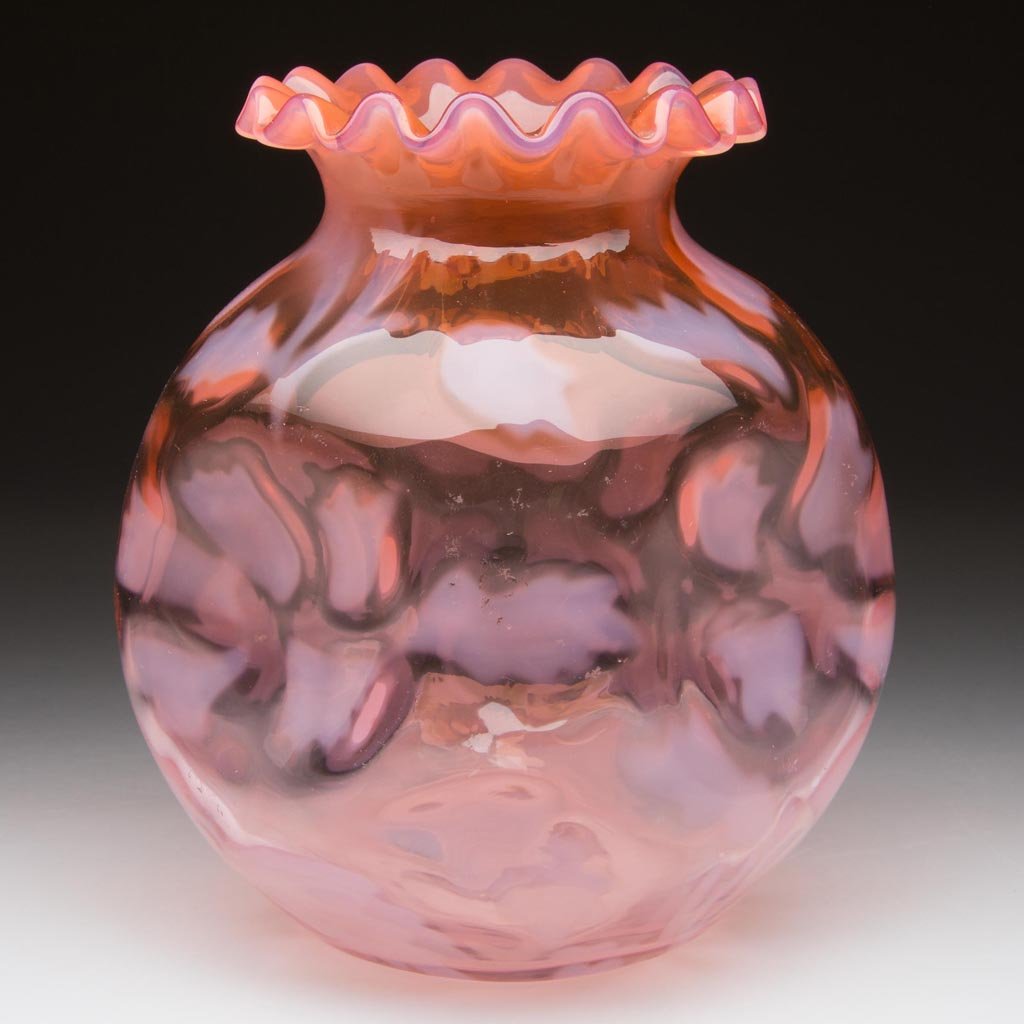 UNIDENTIFIED FLORAL PATTERN VASE: UNIDENTIFIED FLORAL PATTERN VASE, shaded peach opalescent, with pinched body, scalloped rim, and polished pontil mark. Late 19th/early 20th century. 4 5/8" H. Provenance: From the collection of Larry 