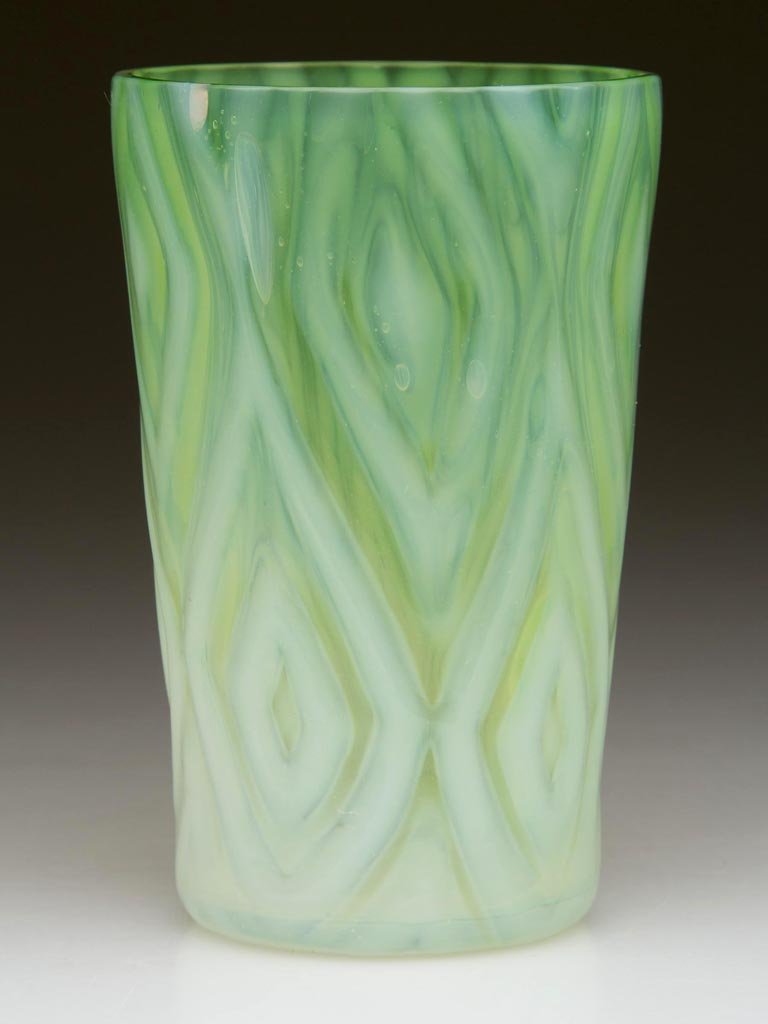 QUADRUPLE DIAMONDS JUICE TUMBLER: QUADRUPLE DIAMONDS JUICE TUMBLER, green opalescent, tapered form. Late 19th/early 20th century. 3 3/8" H. Provenance: Property of the Estate of Cheryl M. Kelley, of Myrtle Beach, SC.