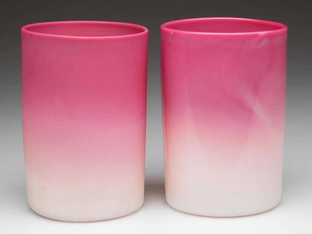NEW ENGLAND PEACH BLOW TUMBLERS, LOT OF TWO: NEW ENGLAND PEACH BLOW TUMBLERS, LOT OF TWO, rose to white, one plush and one glossy finish, polished pontil marks. New England Glass Co. Circa 1886. 3 5/8" H. Provenance: Property of the Estate of Ch