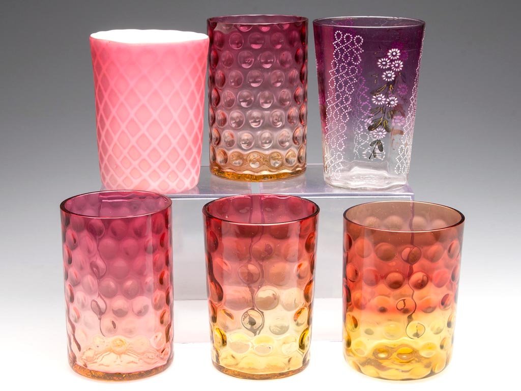 ASSORTED VICTORIAN TUMBLERS, LOT OF SIX: ASSORTED VICTORIAN TUMBLERS, LOT OF SIX, including a shaded rose Quilt Air-Trap satin and four various amberina optic examples. 19th and/or 20th century. 3 5/8" to 4" H.