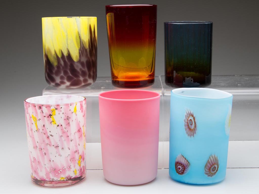 ASSORTED MODERN ART GLASS TUMBLERS, LOT OF SIX: ASSORTED MODERN ART GLASS TUMBLERS, LOT OF SIX, including amberina and blurina examples. 20th century. 3 1/4" to 4" H. Provenance: Property of the Estate of Cheryl M. Kelley, of Myrtle Beach, SC.