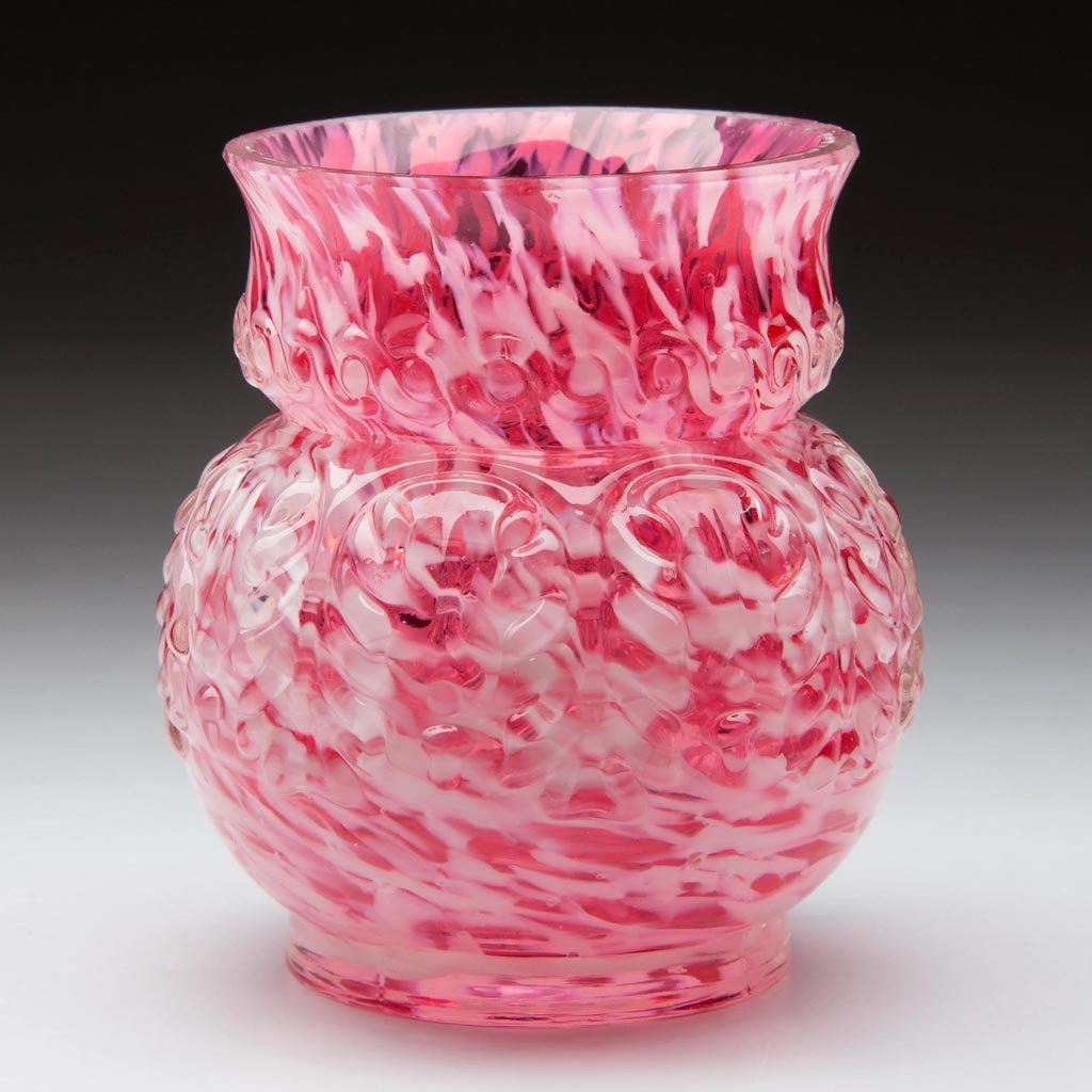 NORTHWOOD NO. 263 / LEAF UMBRELLA TOOTHPICK HOLDER: NORTHWOOD NO. 263 / LEAF UMBRELLA TOOTHPICK HOLDER, cranberry with opal spatter. Northwood Glass Co. Pattern introduced 1889. 2 1/2" H. Provenance: From the collection of Larry & Diana Nellans.