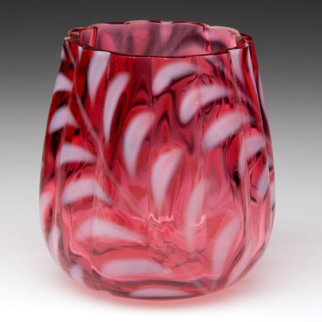 FERN - WEST VIRGINA OPTIC MOLD TOOTHPICK HOLDER: FERN - WEST VIRGINA OPTIC MOLD TOOTHPICK HOLDER, cranberry opalescent, factory polished rim. West Virginia Glass Co. Circa 1894. 2 3/8" H. Provenance: From the collection of Larry & Diana Nellans.