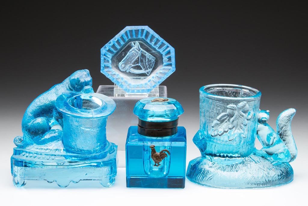 ASSORTED BLUE ARTICLES, LOT OF FOUR: ASSORTED BLUE ARTICLES, LOT OF FOUR, including a Dog and Hat toothpick holder, inkwell with a silver-plate rooster on the front and a sparrow on the cover. First quarter 20th century. 1/2" to 3" HOA.