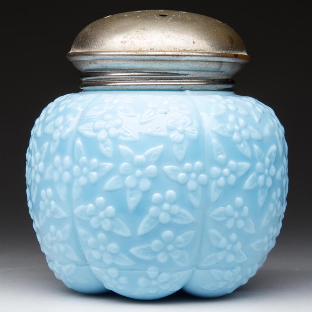 CHALLINOR'S FORGET-ME-NOT SUGAR SHAKER: CHALLINOR'S FORGET-ME-NOT SUGAR SHAKER, opaque blue, period lid. Challinor, Taylor & Co. Pattern introduced 1885. 3 3/4" HOA. Provenance: Collection of Jessie and the late Eugene Long, Broadway, VA.