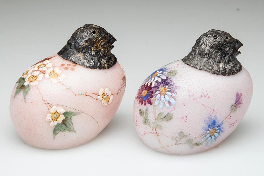 MT. WASHINGTON CHICK HEAD NEAR PAIR OF SALT AND PEPPER: MT. WASHINGTON CHICK HEAD NEAR PAIR OF SALT AND PEPPER SHAKERS, opal with pale rose ground, glossy finish, each with polychrome floral decoration, one with original paper label, one lid with worn gilt