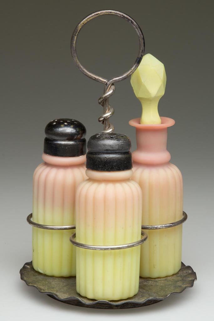 MT. WASHINGTON BURMESE PILLAR - RIBBED / RIBBED (OMN): MT. WASHINGTON BURMESE PILLAR - RIBBED / RIBBED (OMN) THREE-PIECE CONDIMENT SET, plush/satin finish, comprising salt and pepper shakers with matching, period two-part lids, and an oil bottle with a pa