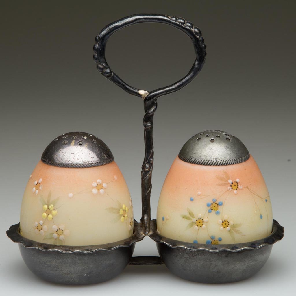 MT. WASHINGTON EGGS - FLAT-END PAIR OF SALT AND PEPPER: MT. WASHINGTON EGGS - FLAT-END PAIR OF SALT AND PEPPER SHAKERS, opal with fired-on Burmese ground, plush/satin finish, polychrome floral decoration and matching, period lids. Fitted in a quadruple-pla