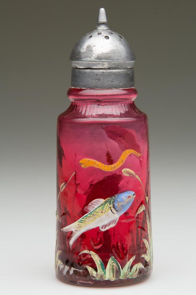 FISH POND SALT SHAKER: FISH POND SALT SHAKER, cased cranberry, with molded and polychrome enamel decorated fish, cattails, eel, and rayed shoulder. Attributed to Moser Meierhofen Works. Late 19th/early 20th century. 4 1/2" 