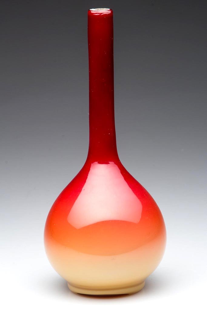 HOBBS CORAL / PEACH BLOW NO. 11 VASE: HOBBS CORAL / PEACH BLOW NO. 11 VASE, globular body with tall stick-form neck, polished pontil mark. Hobbs, Brockunier & Co. Circa 1886. 8 1/4" H. Literature: Bredehofts - Hobbs, p. 83, lower right ca
