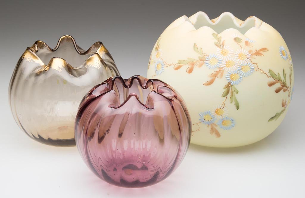 ASSORTED VICTORIAN ROSE BOWLS, LOT OF THREE: ASSORTED VICTORIAN ROSE BOWLS, LOT OF THREE, comprising an opal example with polychrome-enamel floral decoration on a shaded cream ground, polished pontil mark inscribed "617", and two rib-optic examp