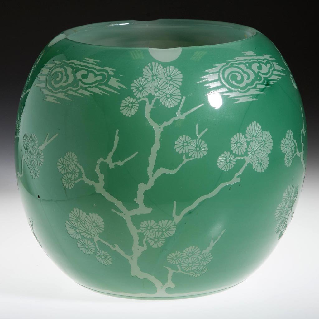 STEUBEN "MATZU" ACID-ETCHED VASE: STEUBEN "MATZU" ACID-ETCHED VASE, Green Jade over Alabaster, shape 6078, Asian trees and clouds surrounding the exterior, polished pontil mark, not signed. Steuben Glass Works. Circa 1925. 6 3/4" H, 8