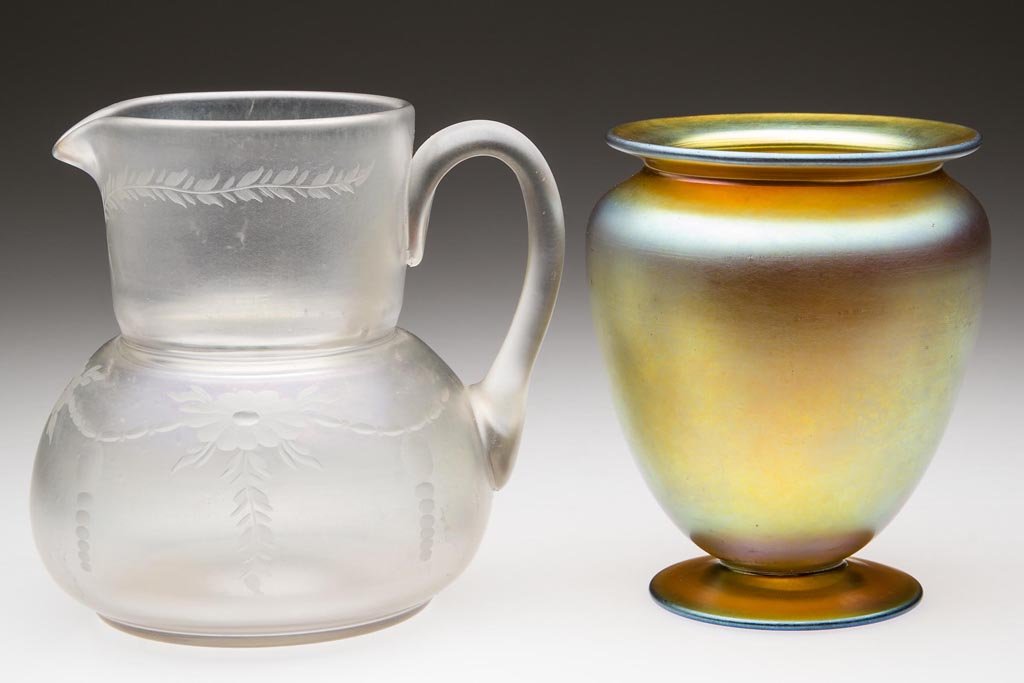 STEUBEN AURENE URN-FORM VASE: STEUBEN AURENE URN-FORM VASE, gold iridescent, shape 938, engraved "Aurene 938" around the polished pontil mark. Together with an engraved Verre de Soie shape 3064 tumble-up lacking tumbler, signed Ha