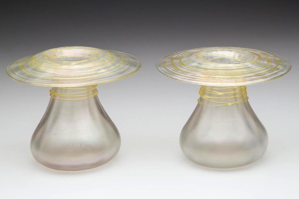 STEUBEN REEDED PAIR OF CANDLEHOLDERS / VASES: STEUBEN REEDED PAIR OF CANDLEHOLDERS / VASES, Verre de Soie with yellow reeding, shape 6547, each mushroom form with quilt-optic pattern, polished pontil marks, one with faint Fleur-de-lis acid-stampe