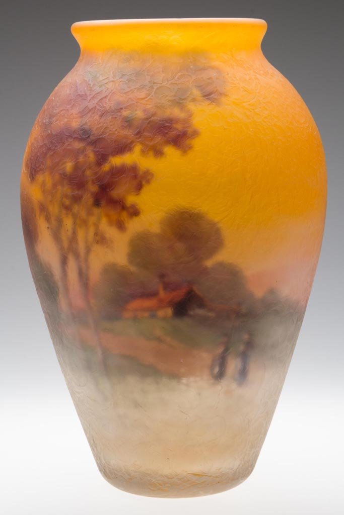 PAIRPOINT AMBERO VASE: PAIRPOINT AMBERO VASE, reverse painted fall scene with cottage, two figures, and trees, textured exterior surface, signed "Ambero / W" under base. Pairpoint Corporation, New Bedford, MA. Circa 1915. 1