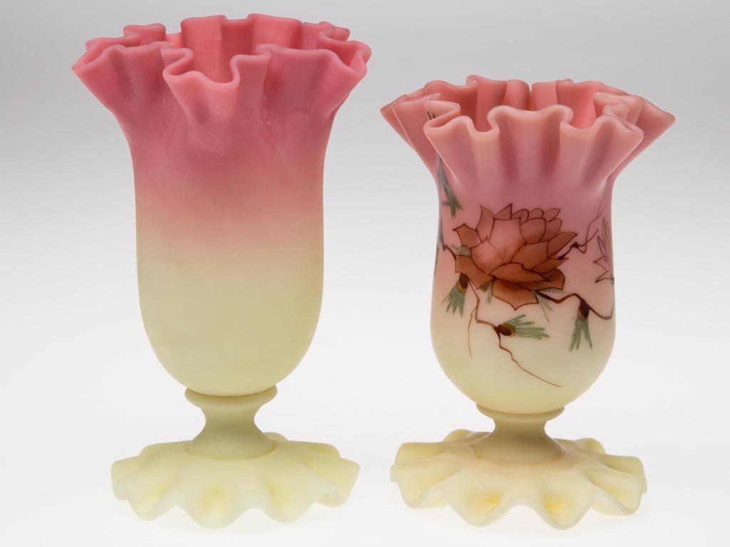 WEBB BURMESE CABINET VASES, LOT OF TWO: WEBB BURMESE CABINET VASES, LOT OF TWO, plush finish, each with ruffled crimped rim and ruffled foot, one with polychrome decoration in the Larch design and with rough pontil mark. Thomas Webb & Sons.
