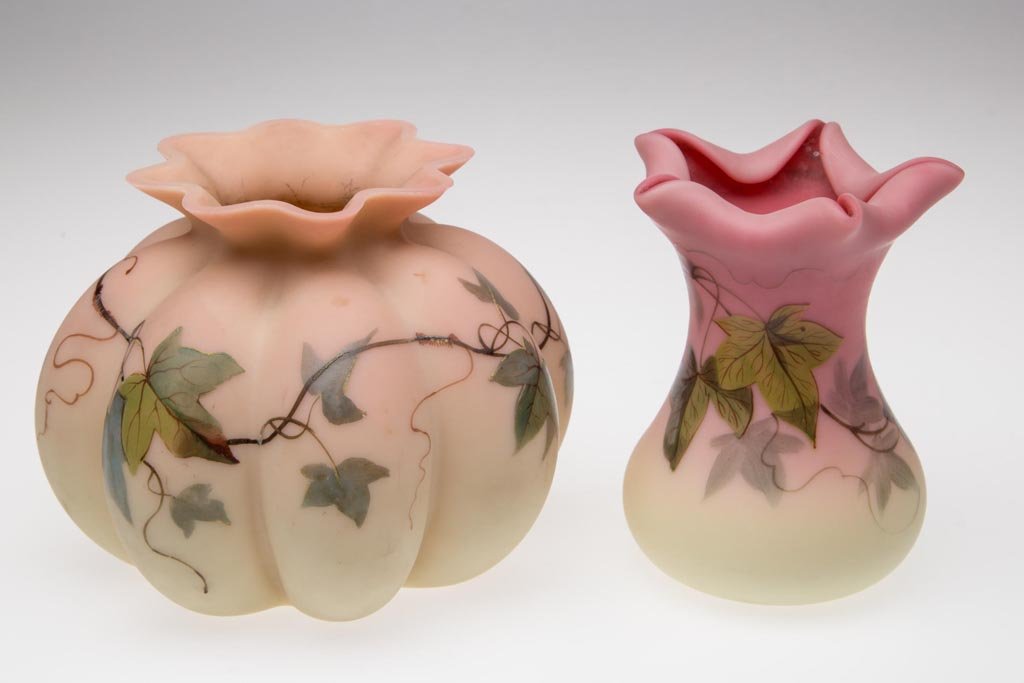 WEBB DECORATED BURMESE CABINET VASES, LOT OF TWO: WEBB DECORATED BURMESE CABINET VASES, LOT OF TWO, plush finish, one melon ribbed form and other with inward folded rim, each with polychrome Ivy decoration and polished pontil mark. Thomas Webb & Sons