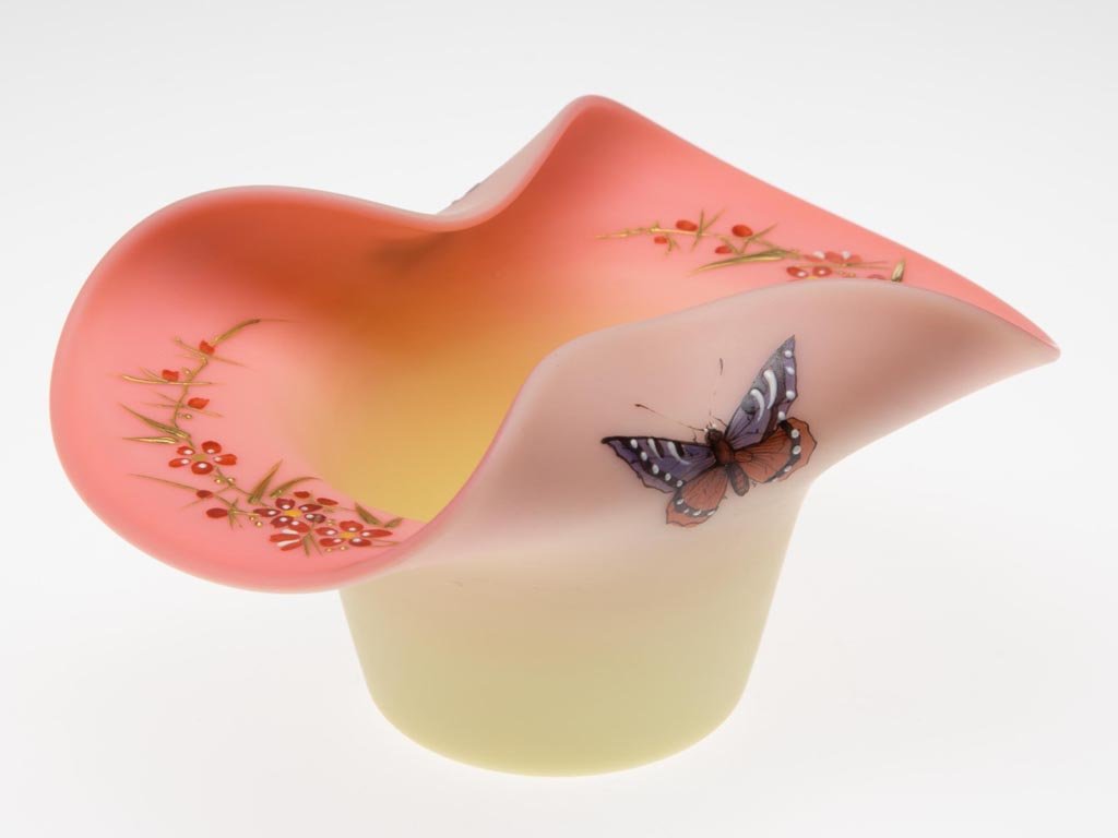 WEBB DECORATED BURMESE VASE: WEBB DECORATED BURMESE VASE, plush finish, hat form with outstanding polychrome and gilt decorations including two butterflies and flowers, polished pontil mark. Thomas Webb & Sons. Circa 1886-1895. 2