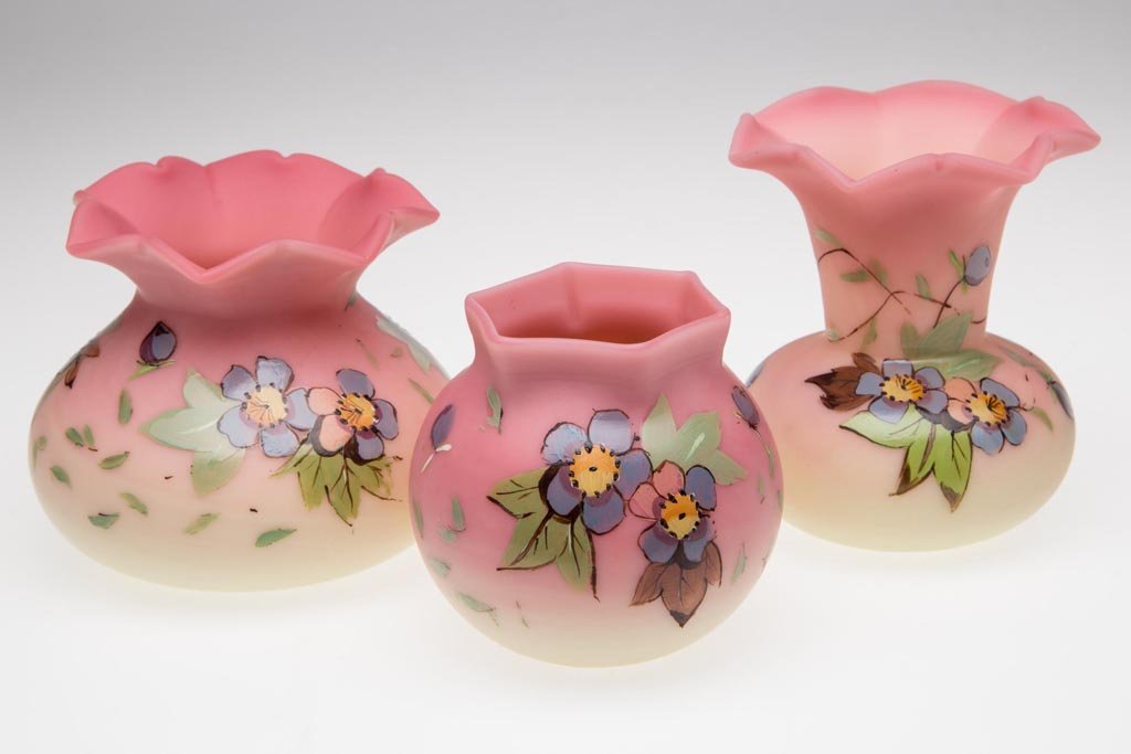 WEBB DECORATED BURMESE CABINET VASES, LOT OF THREE: WEBB DECORATED BURMESE CABINET VASES, LOT OF THREE, plush finish, each with crimped rim, polychrome decoration in the Hawthorn design, and polished pontil mark. Decoration of unknown association. Thom