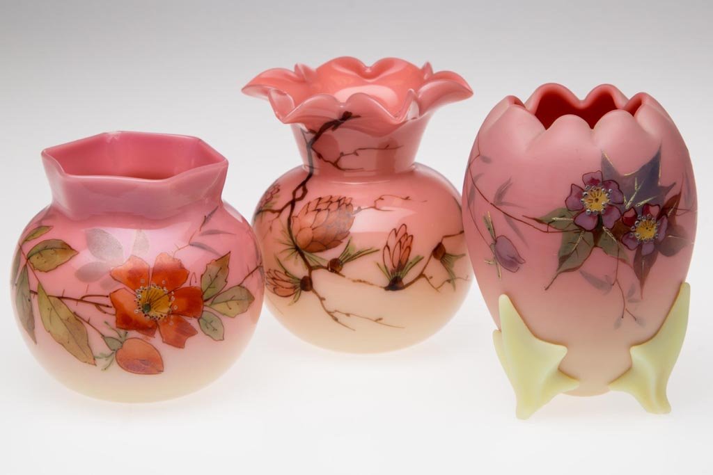 WEBB DECORATED BURMESE CABINET VASES, LOT OF THREE: WEBB DECORATED BURMESE CABINET VASES, LOT OF THREE, two glossy and one plush finish, each with crimped rim, various polychrome gilt decorations including Hawthorn and Larch, each with polished pontil 