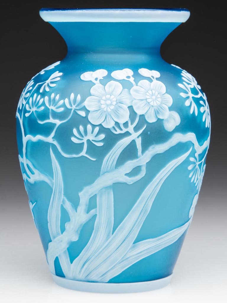 ENGLISH CAMEO CABINET VASE: ENGLISH CAMEO CABINET VASE, white to medium blue, carved with a flowering tree, factory polished table ring and concave base. Probably Stevens & Williams. Fourth quarter 19th century. 4 1/4" H. Proven