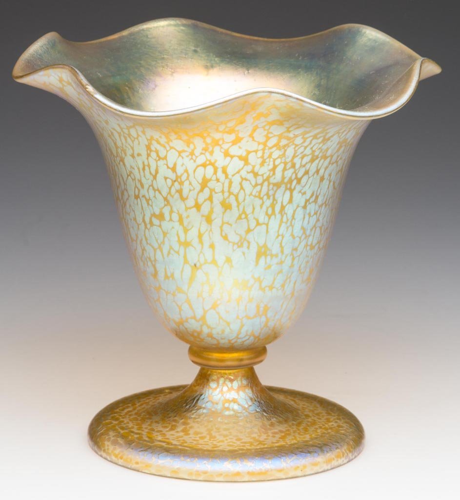 LOETZ PAPILLON FOOTED VASE: LOETZ PAPILLON FOOTED VASE, Candia, ruffled-rim bowl raised on an applied flattened trumpet foot polished table ring. Bohemia. Circa 1900. 5 3/4" H, 6" D rim.