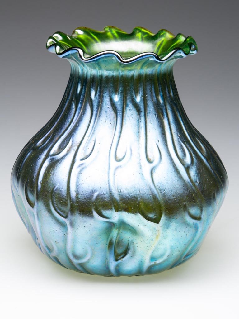 LOETZ NEPTUN PINCHED VASE: LOETZ NEPTUN PINCHED VASE, Crete ground with Silberiris finish, vertical branched seaweed-like pattern, swirled ruffled rim, polished pontil mark. Bohemia. Circa 1903. 5 1/2" H. Provenance: Property o