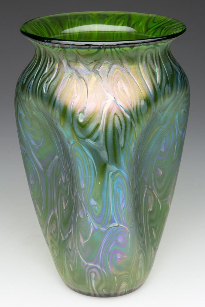 LOETZ PHANOMEN PINCHED VASE: LOETZ PHANOMEN PINCHED VASE, Crete ground, triangular form with "King Tut" style swirls, plain rim, polished pontil mark. Bohemia. Circa 1900. 7 1/4" H. Provenance: Property of the Estate of Cheryl M.