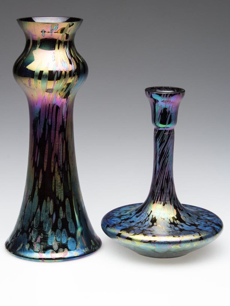 LOETZ-TYPE BOHEMIAN VASES, LOT OF TWO: LOETZ-TYPE BOHEMIAN VASES, LOT OF TWO, deep amethyst iridescent with oil-spot style decoration, factory polished rims and plain bases. Probably Rindskopf or Kralik. Circa 1900. 5 1/2" and 7 3/4" H. Pr