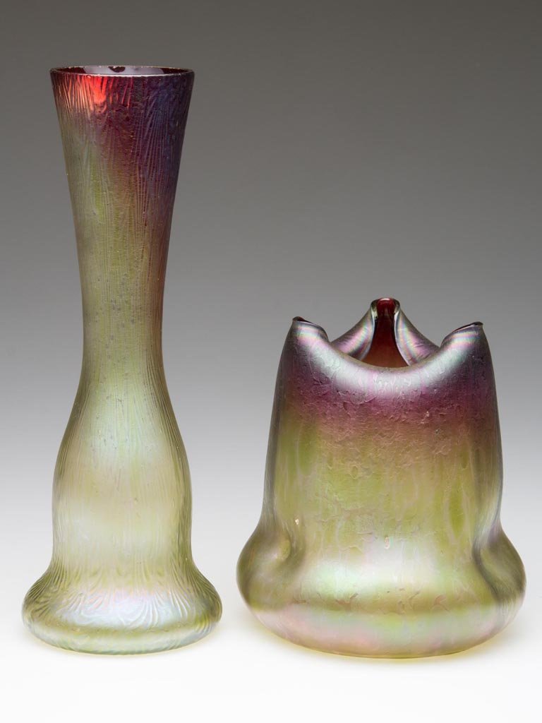 LOETZ-TYPE BOHEMIAN VASES, LOT OF TWO: LOETZ-TYPE BOHEMIAN VASES, LOT OF TWO, deep burgundy to green iridescent, one with oil-spot style decoration and polished pontil mark, the other molded with feathers, factory polished rim and plain ba