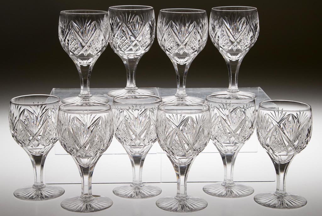 T. B. CLARK & CO. "WINOLA" BRILLIANT CUT GLASS WINES,: T. B. CLARK & CO. "WINOLA" BRILLIANT CUT GLASS WINES, SET OF TEN, colorless, notched miter stems. T. B. Clark & Co. Late 19th/early 20th century. 4 7/8" H. Provenance: Property of the Estate of Cheryl