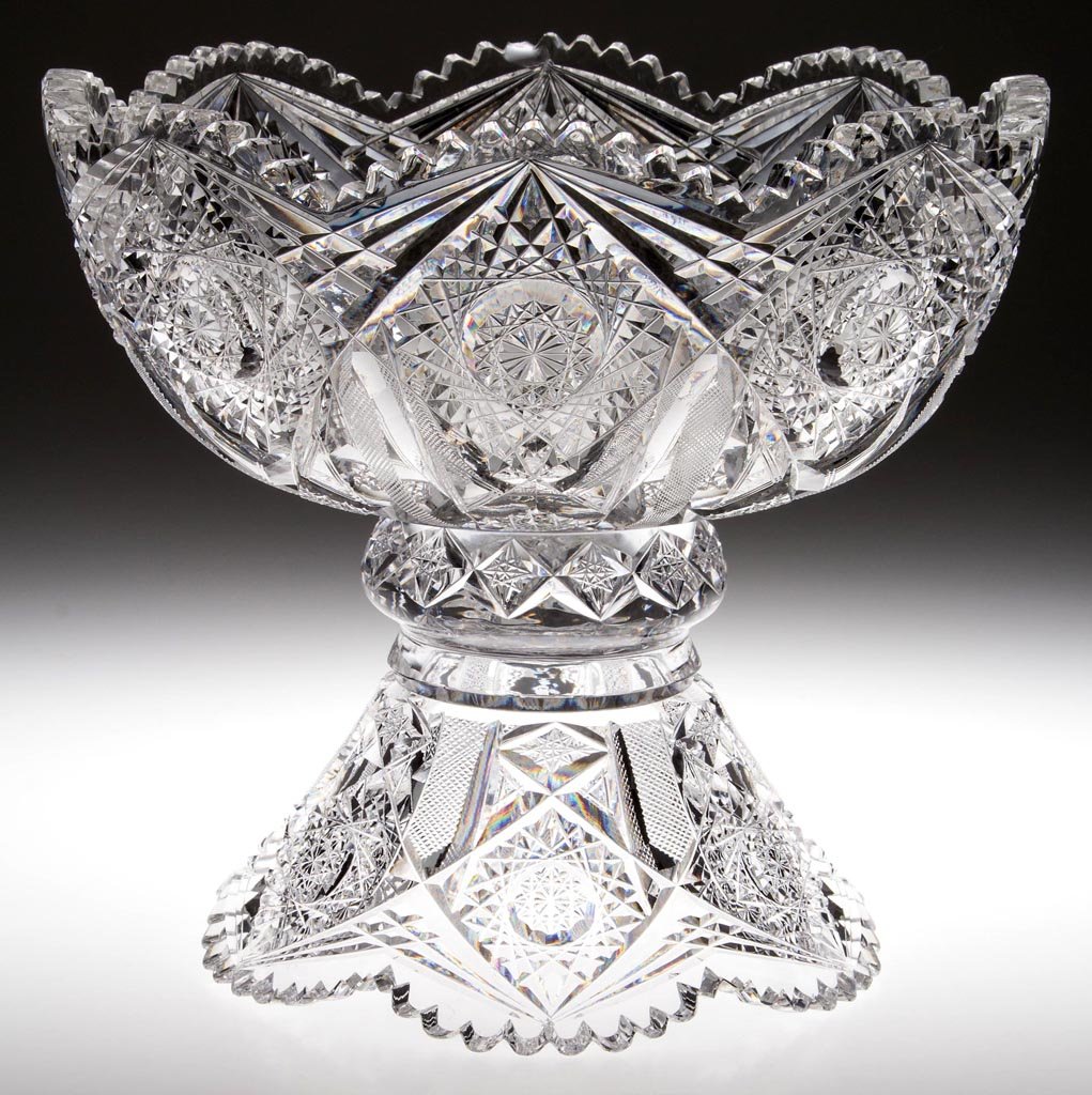 J. HOARE & CO. BRILLIANT CUT GLASS TWO-PART PUNCH BOWL: J. HOARE & CO. BRILLIANT CUT GLASS TWO-PART PUNCH BOWL, colorless, matching patterned stand, stars and crosshatched bars pattern, signed in base. J. Hoare & Co. Late 19th/early 20th century. 9 1/8" HO