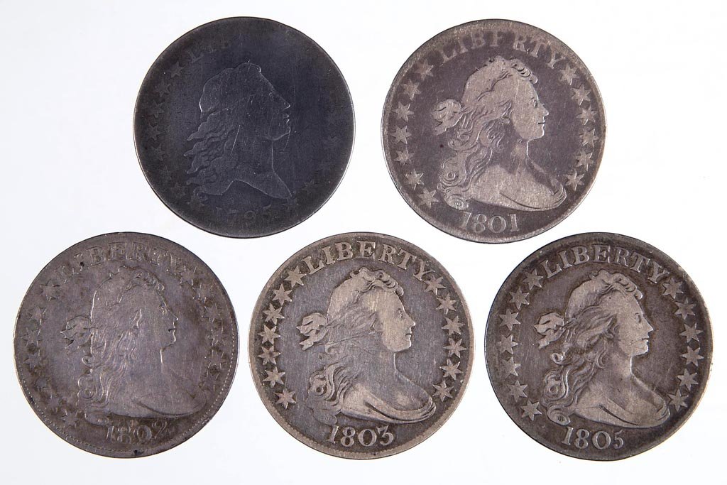 UNITED STATES SILVER FLOWING HAIR AND DRAPED BUST HALF: UNITED STATES SILVER FLOWING HAIR AND DRAPED BUST HALF DOLLAR COINS, LOT OF FIVE, 1795, 1801, 1802, 1803 large 3, and 1805. Provenance: Collection of the late John Palmer, Purcellville, VA. Ex-collect