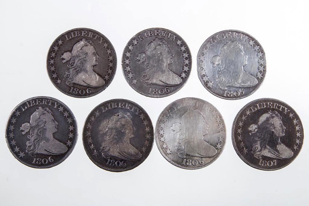 UNITED STATES SILVER DRAPED BUST HALF DOLLAR COINS, LOT: UNITED STATES SILVER DRAPED BUST HALF DOLLAR COINS, LOT OF SEVEN, 1805, 1806 (five variations), and 1807. Provenance: Collection of the late John Palmer, Purcellville, VA. Ex-collection of Wayne Ander