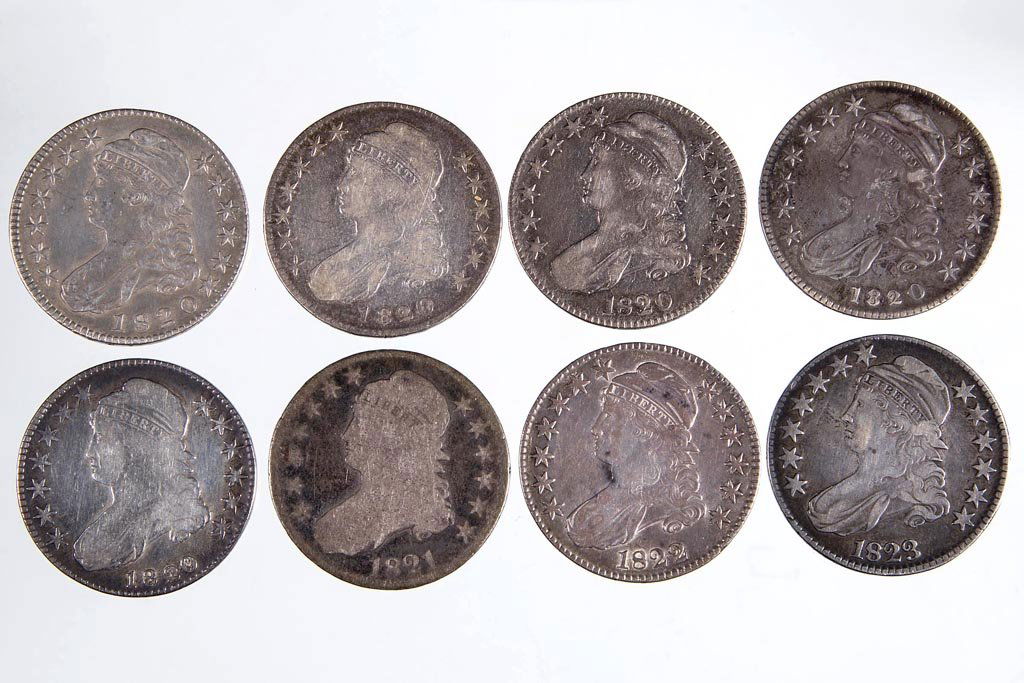 UNITED STATES SILVER CAPPED BUST HALF DOLLAR COINS, LOT: UNITED STATES SILVER CAPPED BUST HALF DOLLAR COINS, LOT OF EIGHT, 1820 (five date variations), 1821, 1822, and 1823. Provenance: Collection of the late John Palmer, Purcellville, VA. Ex-collection of