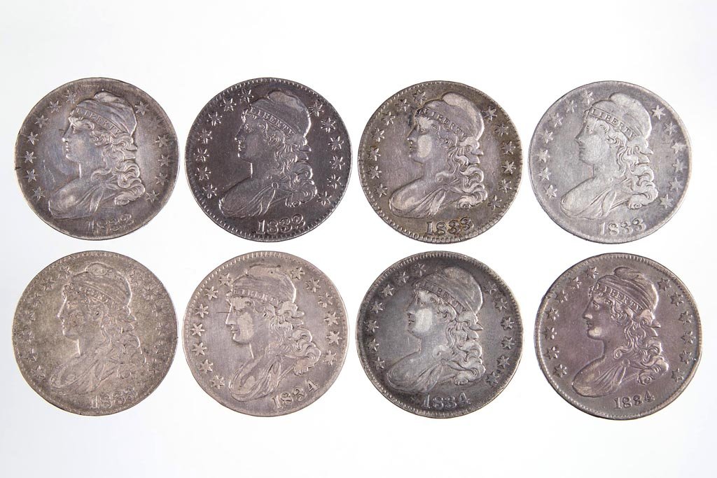 UNITED STATES SILVER CAPPED BUST HALF DOLLAR COINS, LOT: UNITED STATES SILVER CAPPED BUST HALF DOLLAR COINS, LOT OF EIGHT, 1832 (two), 1833 (three), and 1834 (three variations). Provenance: Collection of the late John Palmer, Purcellville, VA. Five are ex-c
