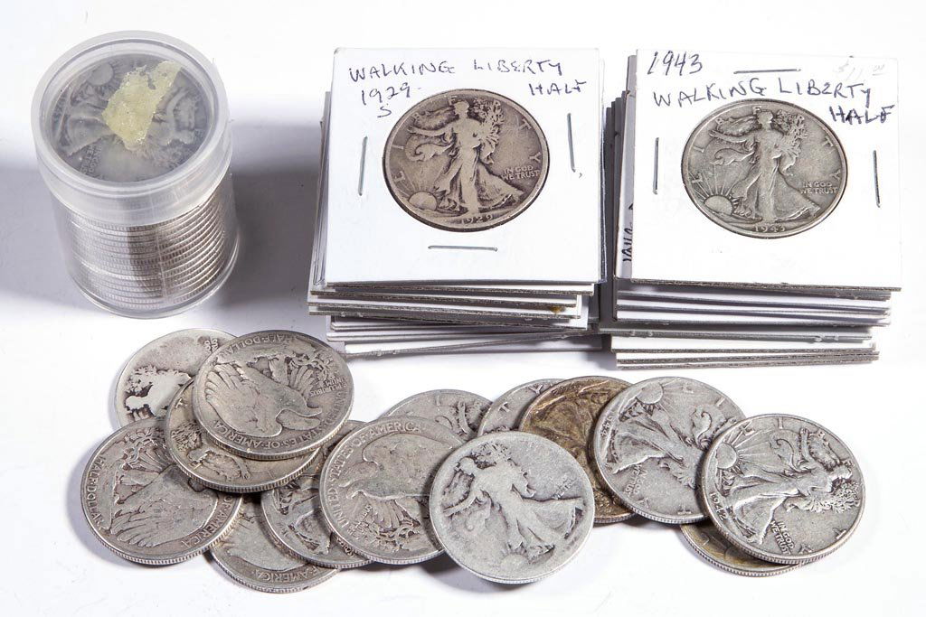 UNITED STATES SILVER WALKING LIBERTY HALF-DOLLAR COINS,: UNITED STATES SILVER WALKING LIBERTY HALF-DOLLAR COINS, LOT OF 55, various dates. Provenance: Collection of the late John Palmer, Purcellville, VA.