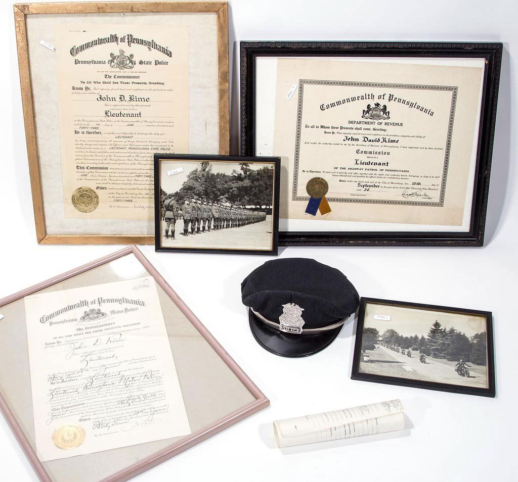 PENNSYLVANIA STATE POLICE MEMORABILIA, LOT OF SEVEN: PENNSYLVANIA STATE POLICE MEMORABILIA, LOT OF SEVEN, belonging to Captain John D. Kime, Harrisburg, PA, who served from 1923 to 1951 in the State Highway Patrol, Motorcycle Police, and State Police, i